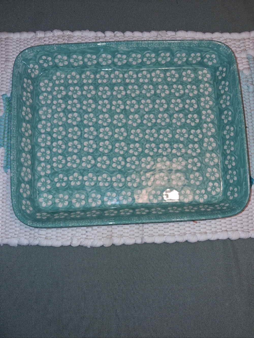 POLISH POTTERY HANDMADE TURQUOISE BLOSSOM RECTANGLE BAKER
